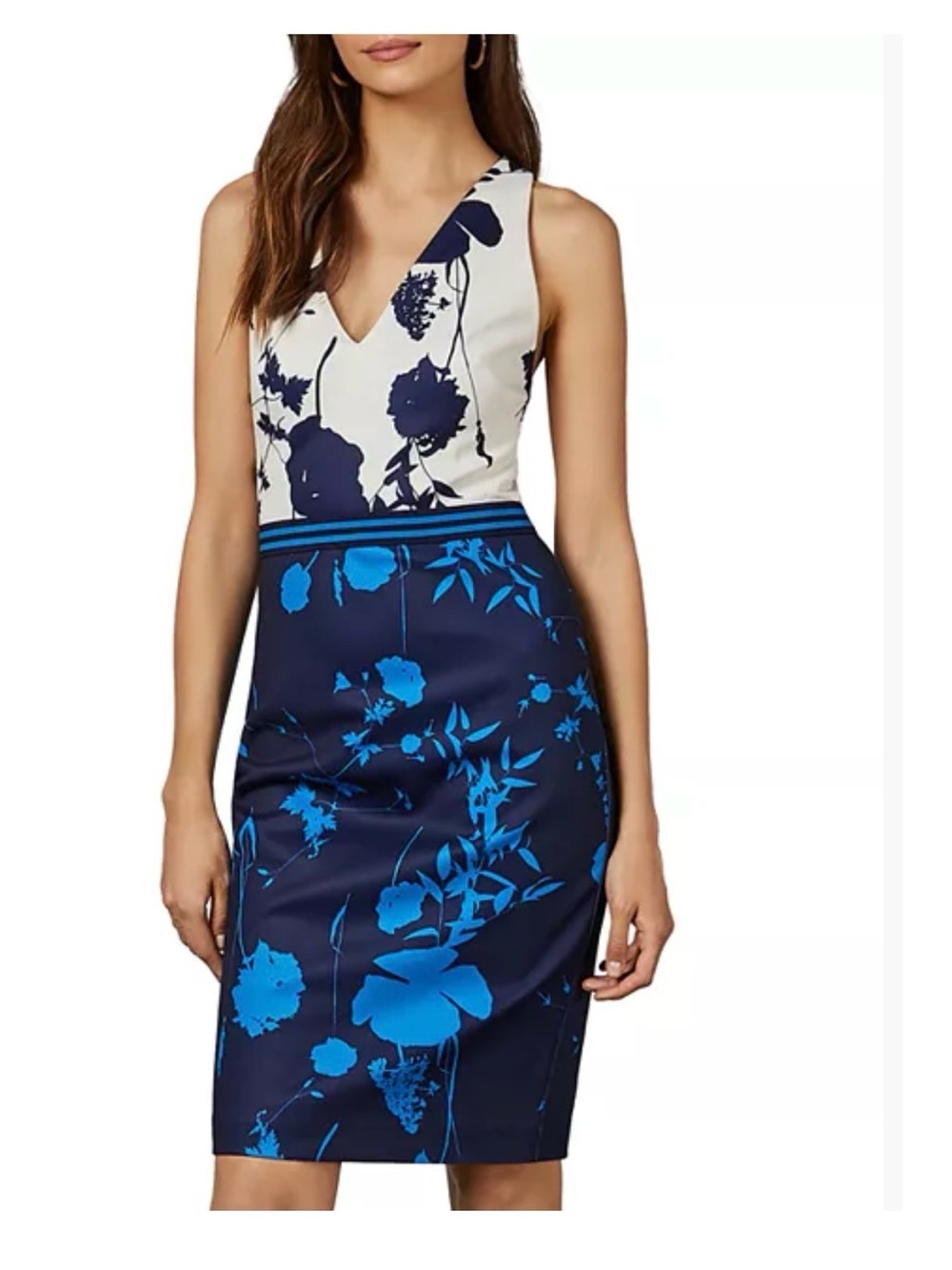 Ted Baker White and Navy Floral Sheath Pencil Dress